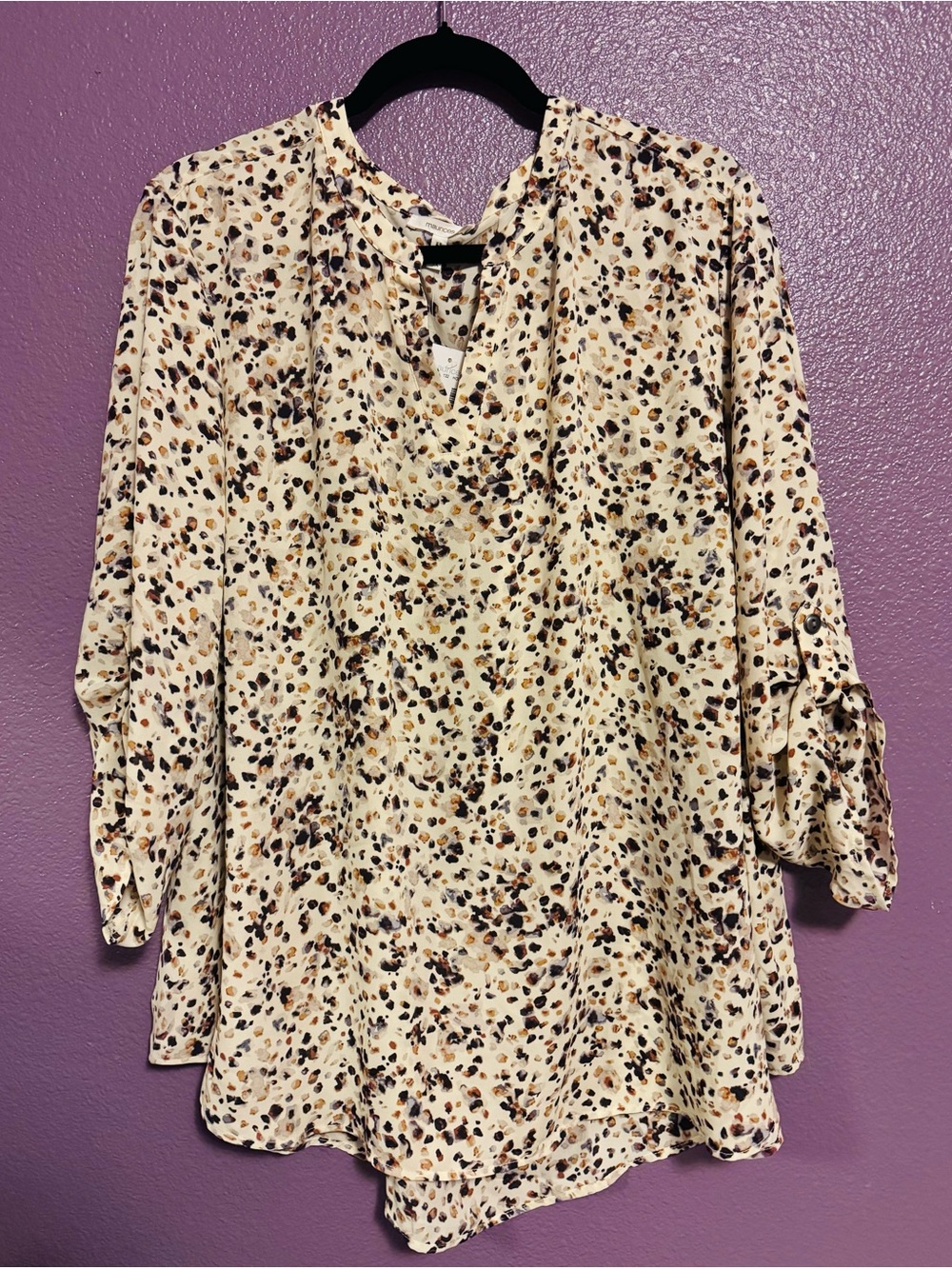 Maurices Cream Printed V-Neck Roll-Tab Sleeve Blouse